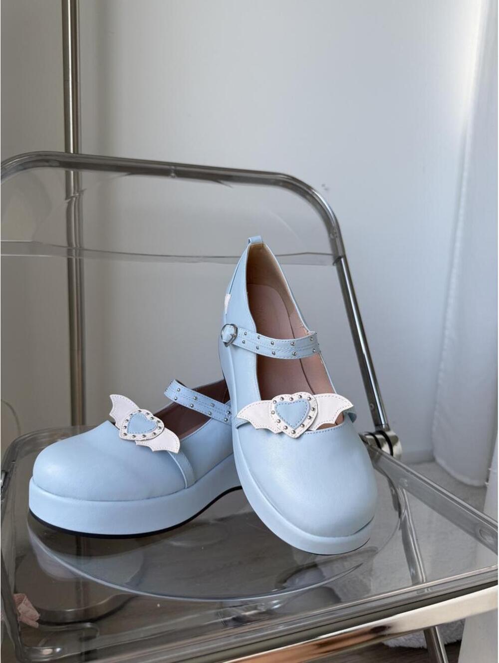 Light Blue Mary Jane Platform Shoes with Heart and Wings Detail
